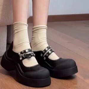 Black Platform Mary Jane Shoes with Studded Straps
